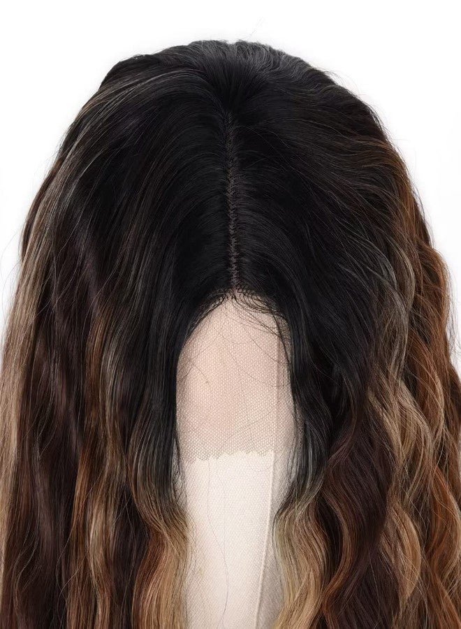 FEEL ME 28" Deep Wave Frontal Wig Long Synthetic Curly Wig Ombre Highlight Lace Front Wig for Women with Simulated Scalp Honey Blonde Loose Deep Curly Lace Wigs Middle Part for Daily Use R6/6A/27S - Image 5